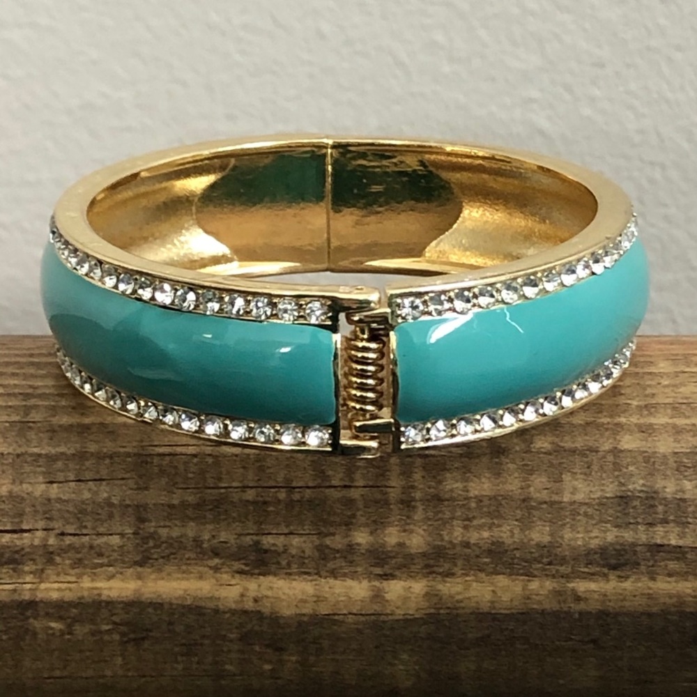 Turquoise Enamel & Rhinestone Hinge Bracelet - Picture 3 of 4